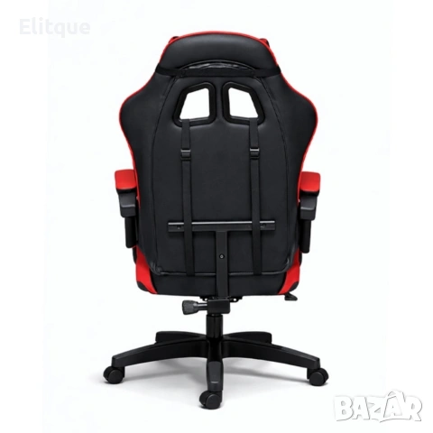 Удобен геймърски стол с поставка за крака и масажна лумбална възглавница, Черно-червен, снимка 4 - Столове - 53442378