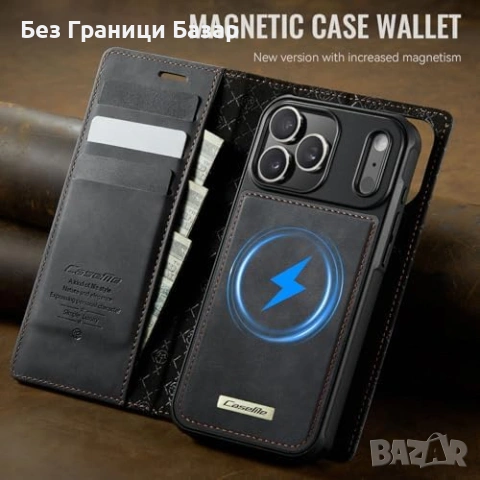 Нов iPhone 17 Pro Max PU кожен флип калъф 3 карти RFID стойка кейс Айфон, снимка 3 - Калъфи, кейсове - 53684051