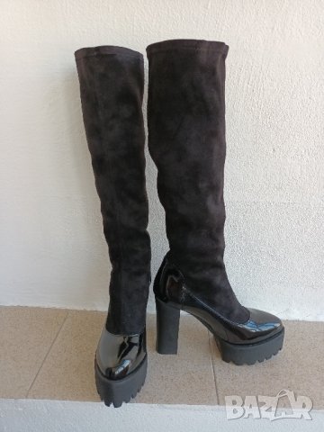 Дамски черни дълги ластични ботуши с висок ток и дебела подметка и лачена основа, снимка 6 - Дамски ботуши - 41845335