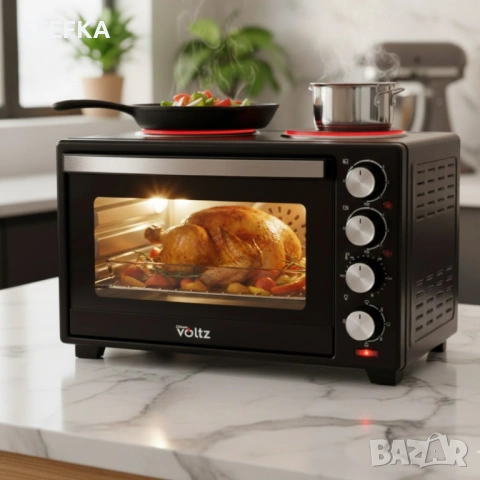 Готварска печка Voltz с фурна и 2 котлона 3200W, компактна електрическа печка за кухня, снимка 2 - Печки, фурни - 53008469