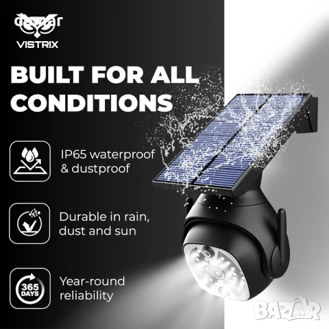 Vistrix соларна LED охранителна лампа и макетна CCTV камера с PIR сензор, IP65, черна, снимка 5 - Соларни лампи - 50771104