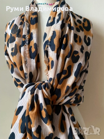 Леопардов шал от 100 % коприна в кафявата гама, снимка 10 - Шалове - 48586386