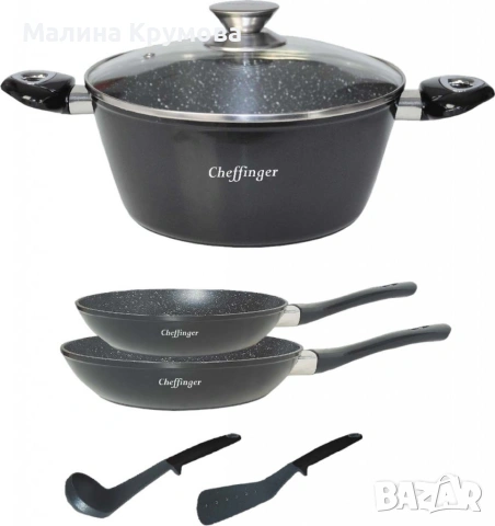 Комплект съдове за готвене 6 части Cheffinger – тенджера 24 см, тигани 24 и 28 см, за индукция, снимка 4 - Други - 53165817