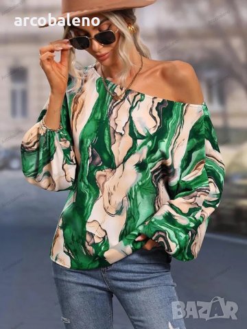 Дамска риза с щампа и свободни рамена с балонени ръкави, 7цвята, снимка 12 - Ризи - 41003643