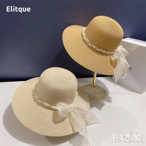 Елегантна дамска сламена шапка в нежен дизайн с воал и перли