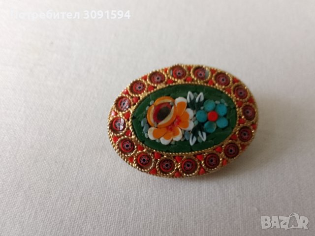 Винтидж италианска микромозайка с флорална овална игла, брошка, снимка 2 - Антикварни и старинни предмети - 41479094