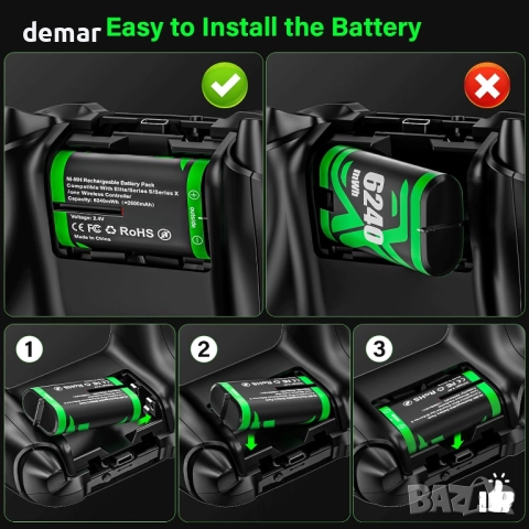 ZRZLMVP Батериен пакет за Xbox контролер - 4x6240mWh батерии и зарядно, снимка 7 - Аксесоари - 51717584