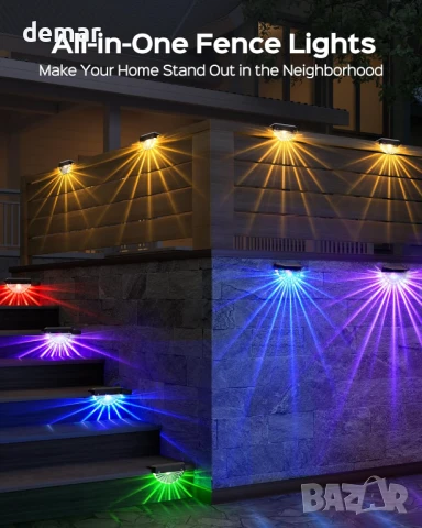 JACKYLED Соларни RGB LED лампи за ограда, 180° ветрилообразен лъч и 11 лъча, 8 цветни режима, 4 броя, снимка 5 - Соларни лампи - 51236192