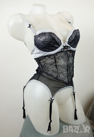 75B еротичен корсет от сив сатен и черна дантела с тюл