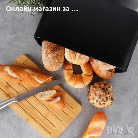 Кутия за хляб, изработена от метал, бамбукова дъска, модерен дизайн, 35x22x20,5см, черна 259613, снимка 9 - Кутии за храна - 53231133