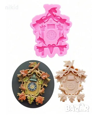 Есенно пано с листа дървена къща къщичка часовник силиконов молд форма фондан гипс шоколад декор