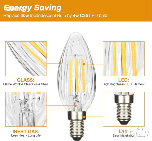 Светодиодни крушки BRIMAX E14 с възможност за димиране 4W, 2700K, 5 броя, снимка 3 - Лед осветление - 42329752