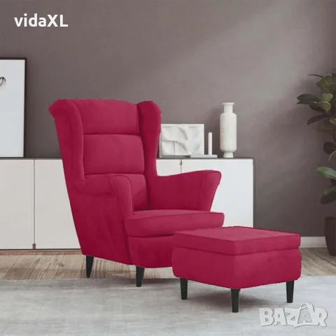 vidaXL Фотьойл Wingback с табуретка, виненочервен, кадифе（SKU: 3115936）, снимка 2 - Дивани и мека мебел - 56077373