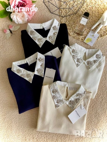 Ефектен пуловер с камъчета на яката, снимка 2 - Блузи с дълъг ръкав и пуловери - 52543006