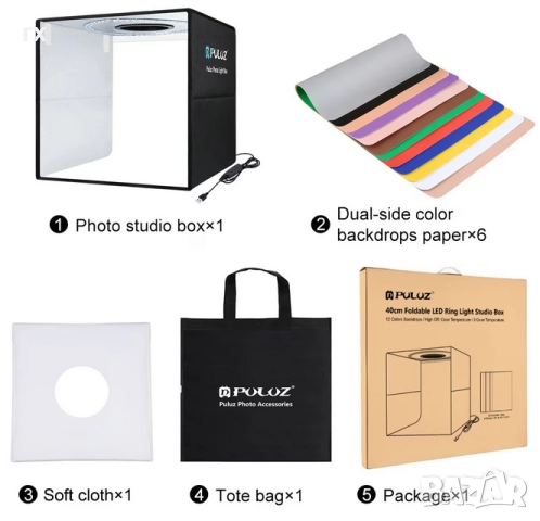 Фото кутия PULUZ 40x40x40см – LED Лайтбокс, снимка 5 - Светкавици, студийно осветление - 52866430