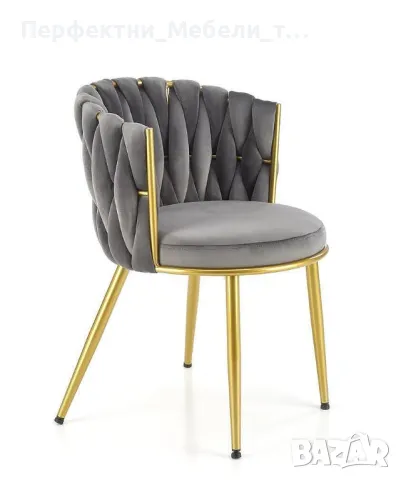 Луксозен стол кресло златни крака в сива нежна дамаска налични, снимка 2 - Столове - 47882912