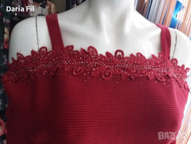 КРАСИВА червена блуза фино плетиво с отворени рамене и дантела с камъчета по тях, снимка 2 - Блузи с дълъг ръкав и пуловери - 38808800