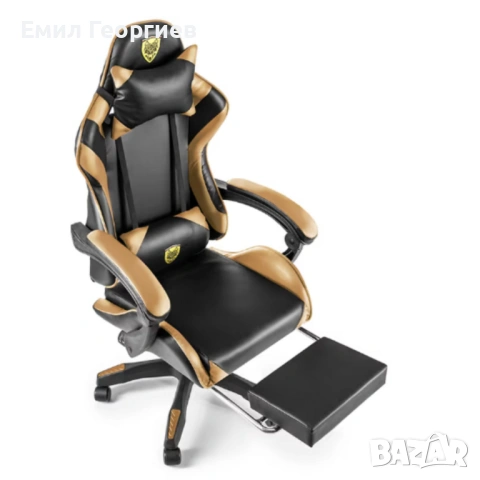 Черен геймърски стол с златисти акценти и разтегляема поставка за крака – луксозен комфорт без компр, снимка 5 - Столове за офис - 53237446