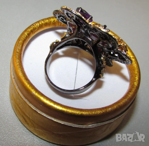 925 сребърен пръстен с родиево и златно покритие, камъни рубин 12 карата, 11x9мм, , снимка 2 - Пръстени - 53755817