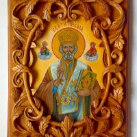 Икона ” Свети Никола ”, дърворезба, иконопис, уникат, снимка 1 - Икони - 19301711