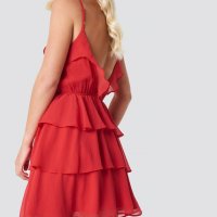РАЗКОШНА Червена рокля на волани с изрязан гръб ХХС размер , снимка 2 - Рокли - 41349057