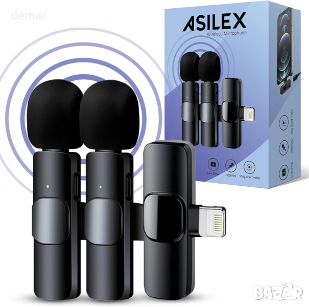 Безжичен микрофон ASILEX за iPhone, мини микрофон - 2 бр., снимка 1