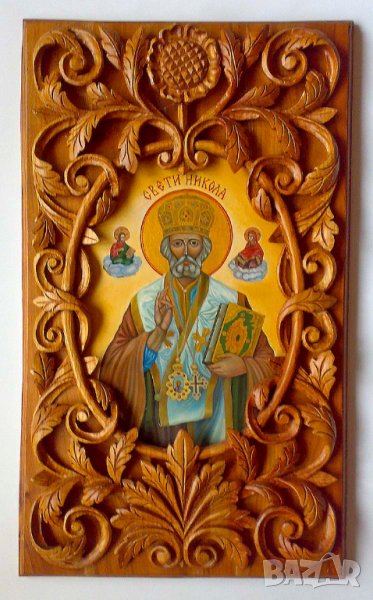 Икона ” Свети Никола ”, дърворезба, иконопис, уникат, снимка 1