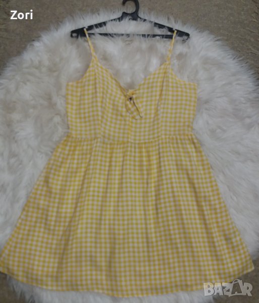 Слънчева рокличка на бели и жълти квадратчета с тънки презрамки ХЛ/2ХЛ размер, снимка 1