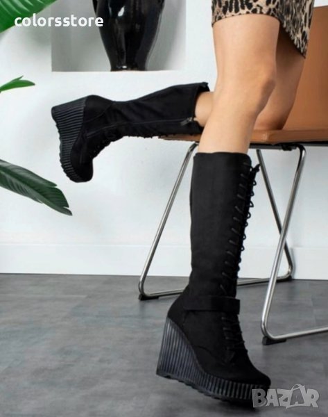 Ботуши на платформа - черен велур с черно ходило - 1905, снимка 1