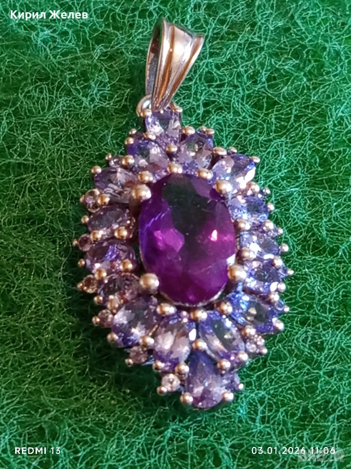 Сребърна висулка с Аметист камък на душата символизира дълбока любов, щастие 52799, снимка 1