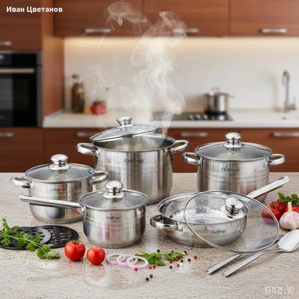 Комплект съдове за готвене 12 части Cheffinger, с индукционно дъно и стъклени капаци, снимка 1