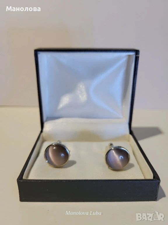 Винтидж копчета за ръкавели в сребристо-син цвят и камък с ефект котешко око., снимка 1