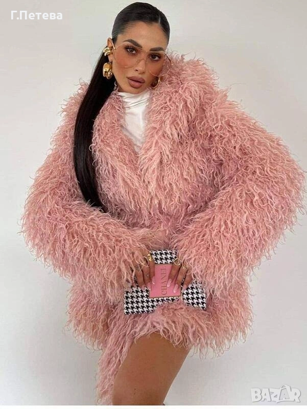 Розово рошаво палто с качулка и колан , снимка 1