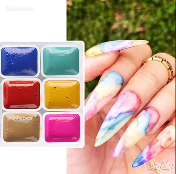 Промо! 6 бр. Акварелни бои за рисуване върху маникюр нокти, снимка 1