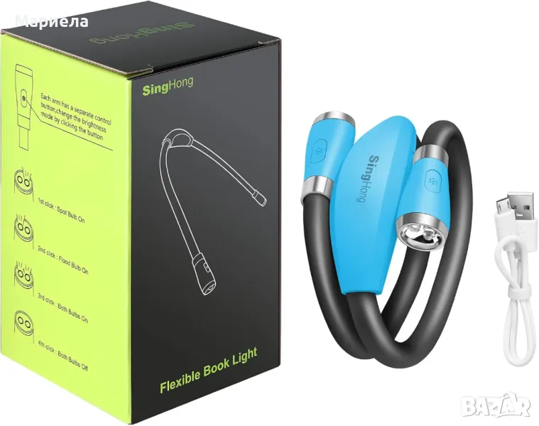 USB акумулаторна нощна лампа за четене / 4 LED крушки / 4 регулируеми яркости / Свободни ръце, снимка 1