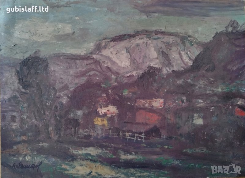 Картина, пейзаж, къщи, худ. Ал. Димитров, 1980-те год., снимка 1