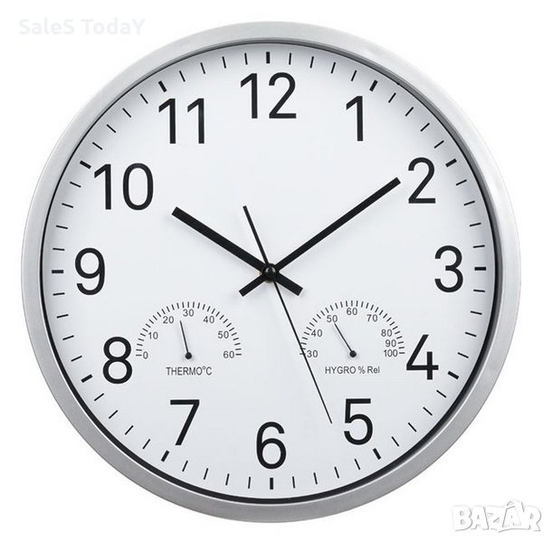 Стенен часовник, Сребрист, 3 Показания на час, температура и влажност,, 34 x 4.5 cm, снимка 1