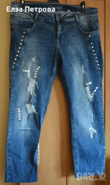 Дамски тъмносини есенни дънки с камъчета и накъсано; 3XL÷4XL, снимка 1