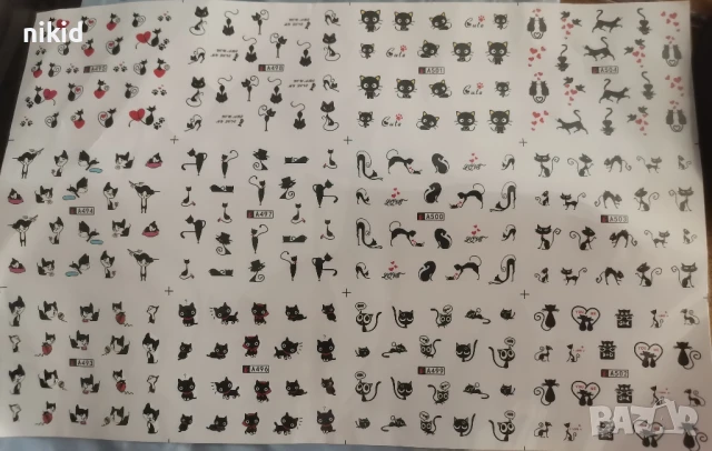 лист 12 в 1 черни котки котета коте слайдер татос ваденки водни стикери за нокти маникюр, снимка 3 - Продукти за маникюр - 47390493