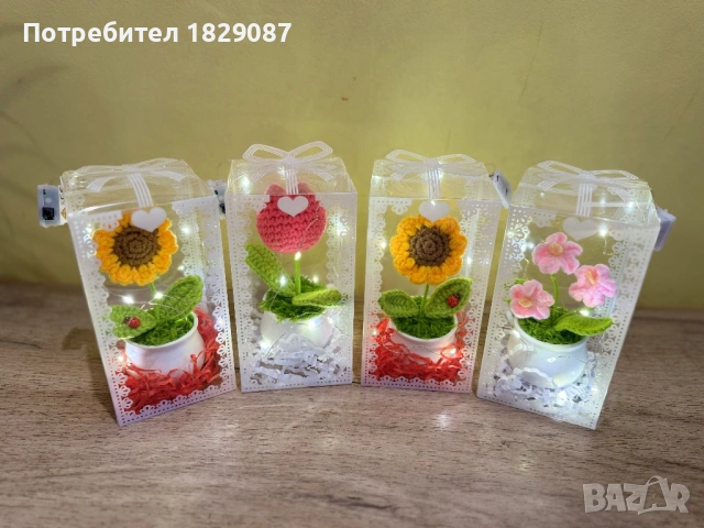 Бюджетен подарък за 8-Март. Ръчно плетено цвете в кутия с LED-светлинки, снимка 2 - Декорация за дома - 53653858