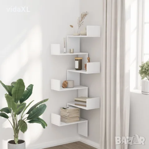 vidaXL Стенен ъглов рафт, бял, 45x45x147 см, инженерно дърво, снимка 3 - Етажерки - 56148295