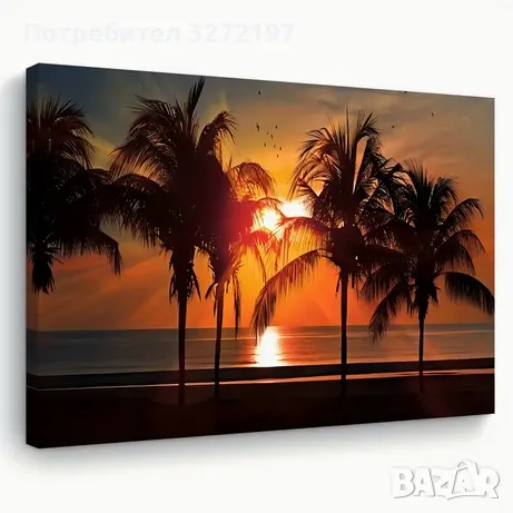 Картина на платно с дървена рамка-Залез слънце над океана, палми, снимка 1