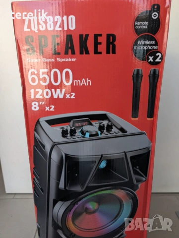 №1 Нова ZQS 8210 2х8 120W 6500mah 2 микрофона ПРЕНОСИМА КАРАОКЕ КОЛОНА, снимка 2 - Аудиосистеми - 53165227