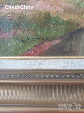 Krotter 77х67см/стара австрийска картина масло върху платно/пейзаж/къщи-река/дървена рамка, снимка 9 - Картини - 51217429