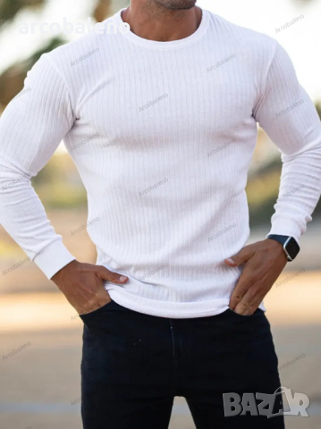 Ежедневна мъжка тениска с дълги ръкави и кръгло деколте с вертикални райета, 5цвята , снимка 6 - Тениски - 44624412