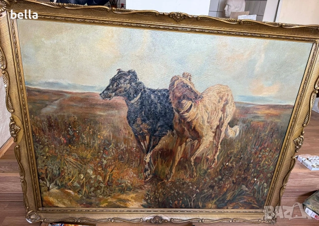Старинно маслено платно "Руски борзои" – Музеен размер (140х110 см), снимка 2 - Антикварни и старинни предмети - 53863532