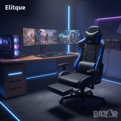 Геймърски стол за релакс с масаж и подложка за крака – син на едро 