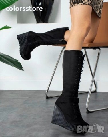 Ботуши на платформа - черен велур с черно ходило - 1905