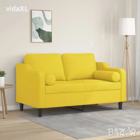 vidaXL 2-местен диван с декоративни възглавници светложълт 120 см плат, снимка 2 - Дивани и мека мебел - 56146706