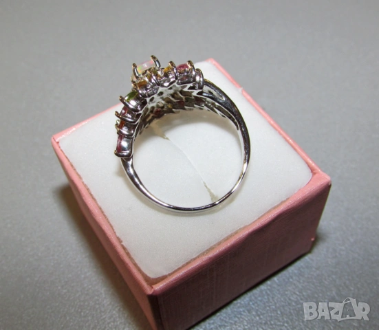 925 сребърен пръстен с огнен опал и турмалини, снимка 4 - Пръстени - 53871603